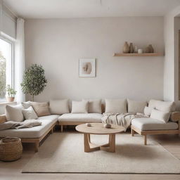 A minimalist Scandinavian style living room viewed from multiple angles showing neutral tones, a cozy seating area, natural wooden elements, light fabrics, and soft lighting.