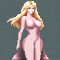 A full-body pixel art image of a very beautiful blonde woman with large breasts, wearing a dress