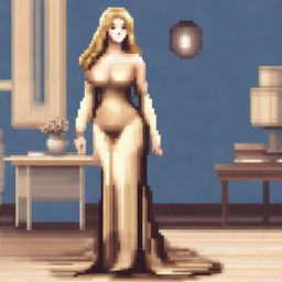 A full-body pixel art image of a very beautiful blonde woman with large breasts, wearing a dress