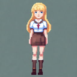 A full-body pixel art image of a very beautiful blonde woman with large breasts, dressed as a schoolgirl