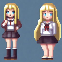 A full-body pixel art image of a very beautiful blonde woman with large breasts, dressed as a schoolgirl