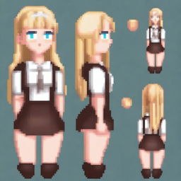 A full-body pixel art image of a very beautiful blonde woman with large breasts, dressed as a schoolgirl