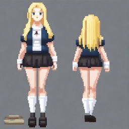 A full-body pixel art image of a very beautiful blonde woman with large breasts, dressed as a schoolgirl