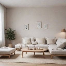 A minimalist Scandinavian style living room viewed from multiple angles showing neutral tones, a cozy seating area, natural wooden elements, light fabrics, and soft lighting.