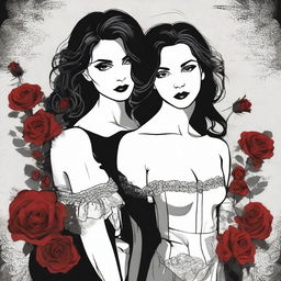 Create an image that captures the essence of dark romance with a lesbian couple as the focal point