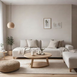 A minimalist Scandinavian style living room viewed from multiple angles showing neutral tones, a cozy seating area, natural wooden elements, light fabrics, and soft lighting.