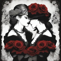 Create an image that captures the essence of dark romance with a lesbian couple as the focal point