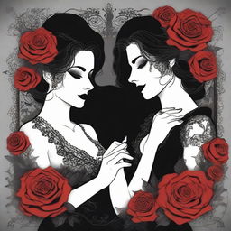 Create an image that captures the essence of dark romance with a lesbian couple as the focal point