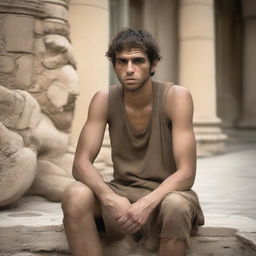 A young male laborer from ancient Greece, appearing weak and worn out