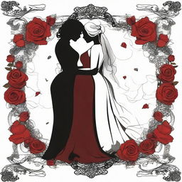 Create an image that captures the essence of dark romance with a lesbian couple as the focal point