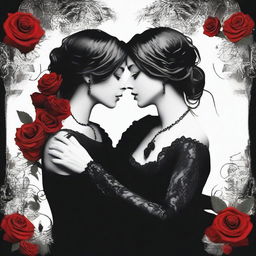 Create an image that captures the essence of dark romance with a lesbian couple as the focal point