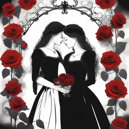 Create an image that captures the essence of dark romance with a lesbian couple as the focal point