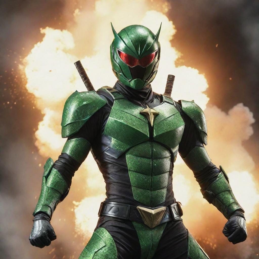 A dynamic image of grasshopper-themed Kamen Rider in a striking pose with a dramatic explosion in the background, showcasing his detailed armor.