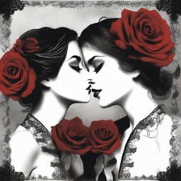 Create an image that captures the essence of dark romance with a lesbian couple as the focal point