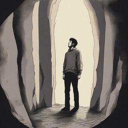 A man is depicted standing in a very deep hole, looking up towards the surface