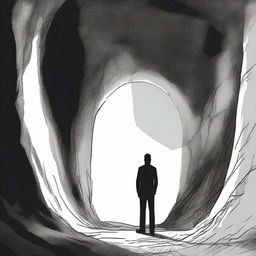 A man is depicted standing in a very deep hole, looking up towards the surface