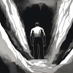 A man is depicted standing in a very deep hole, looking up towards the surface