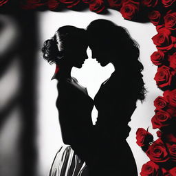 Create an image that captures the essence of dark romance with a lesbian couple as the focal point, emphasizing their shadows