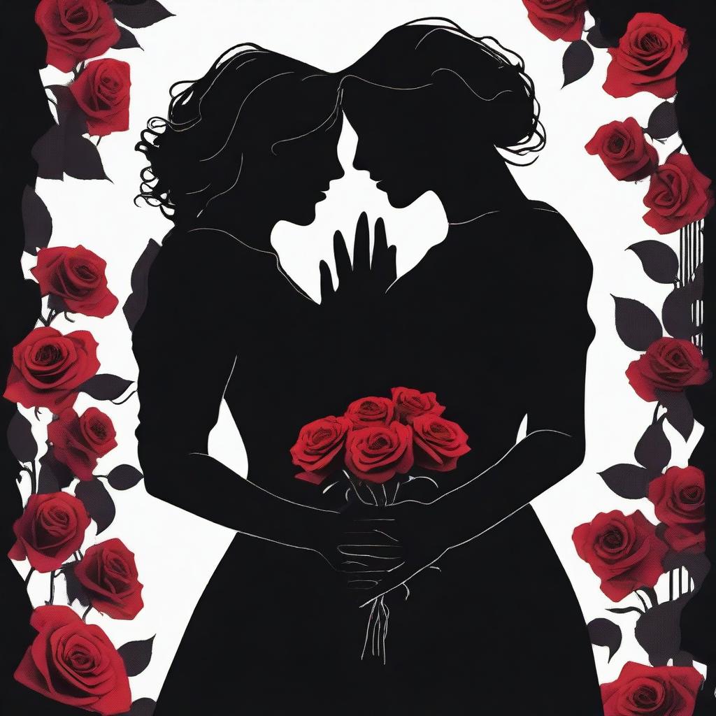 Create an image that captures the essence of dark romance with a lesbian couple as the focal point, emphasizing their shadows