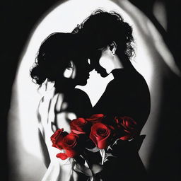 Create an image that captures the essence of dark romance with a lesbian couple as the focal point, emphasizing their shadows