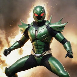 A dynamic image of grasshopper-themed Kamen Rider in a striking pose with a dramatic explosion in the background, showcasing his detailed armor.