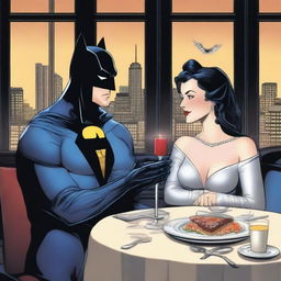 Batman and Superman are depicted having a very romantic candlelit dinner