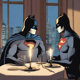 Batman and Superman are depicted having a very romantic candlelit dinner