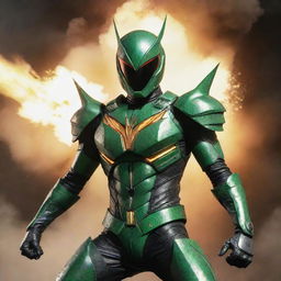 A dynamic image of grasshopper-themed Kamen Rider in a striking pose with a dramatic explosion in the background, showcasing his detailed armor.