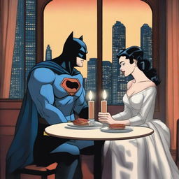 Batman and Superman are depicted having a very romantic candlelit dinner