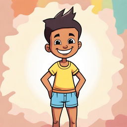 A cartoon illustration of a boy wearing underwear, standing confidently with a playful smile on his face