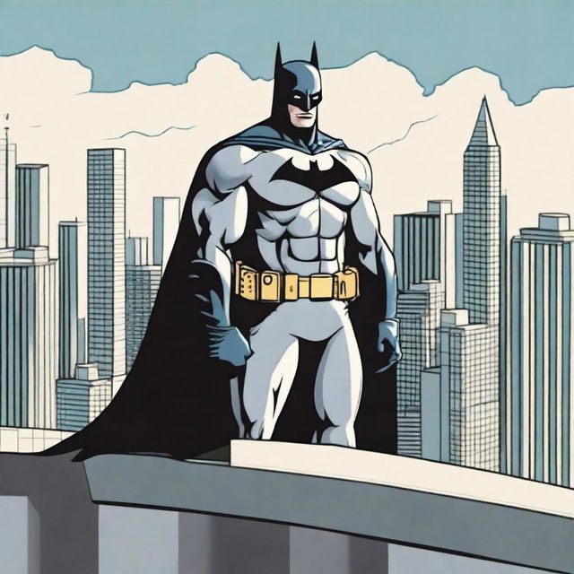 Batman, in his full costume, standing on a rooftop overlooking the city