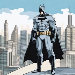 Batman, in his full costume, standing on a rooftop overlooking the city