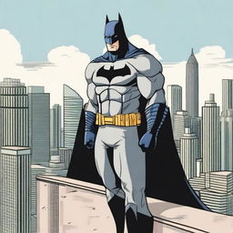 Batman, in his full costume, standing on a rooftop overlooking the city