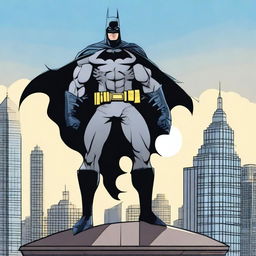 Batman, in his full costume, standing on a rooftop overlooking the city