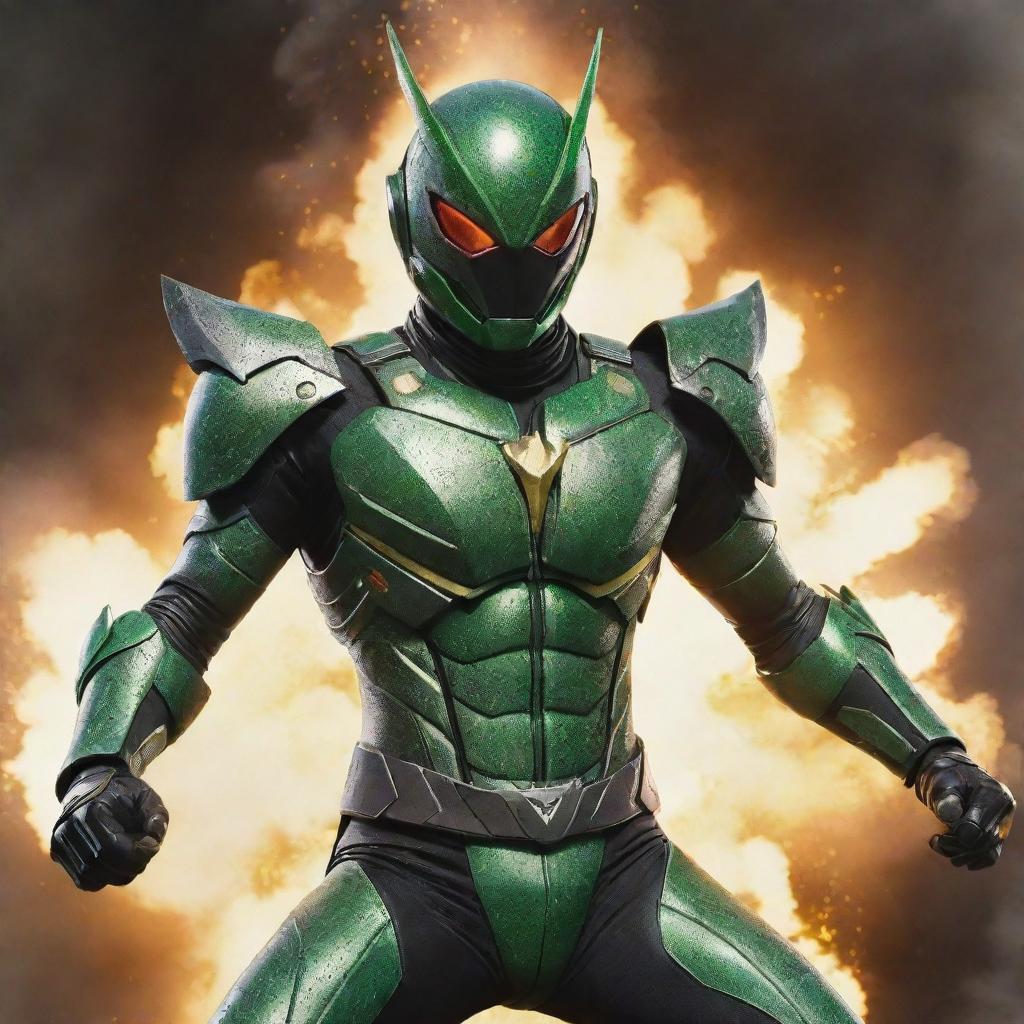 A dynamic image of grasshopper-themed Kamen Rider in a striking pose with a dramatic explosion in the background, showcasing his detailed armor.