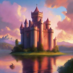 A beautiful medieval castle standing tall at sunset, with the sky painted in vibrant hues of orange and pink