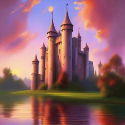 A beautiful medieval castle standing tall at sunset, with the sky painted in vibrant hues of orange and pink