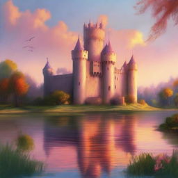 A beautiful medieval castle standing tall at sunset, with the sky painted in vibrant hues of orange and pink