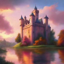 A beautiful medieval castle standing tall at sunset, with the sky painted in vibrant hues of orange and pink