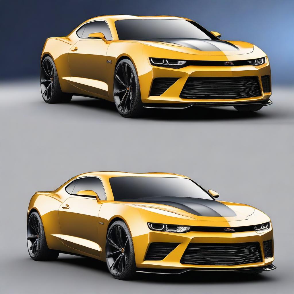 Create an image of a car that is half Bugatti and half Chevrolet Camaro, combining the sleek, futuristic design elements of the Bugatti with the muscular, classic look of the 2023 Chevrolet Camaro