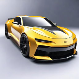 Create an image of a car that is half Bugatti and half Chevrolet Camaro, combining the sleek, futuristic design elements of the Bugatti with the muscular, classic look of the 2023 Chevrolet Camaro