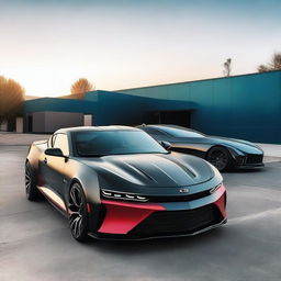 Create an image of a car that is half Bugatti and half Chevrolet Camaro, combining the sleek, futuristic design elements of the Bugatti with the muscular, classic look of the 2023 Chevrolet Camaro