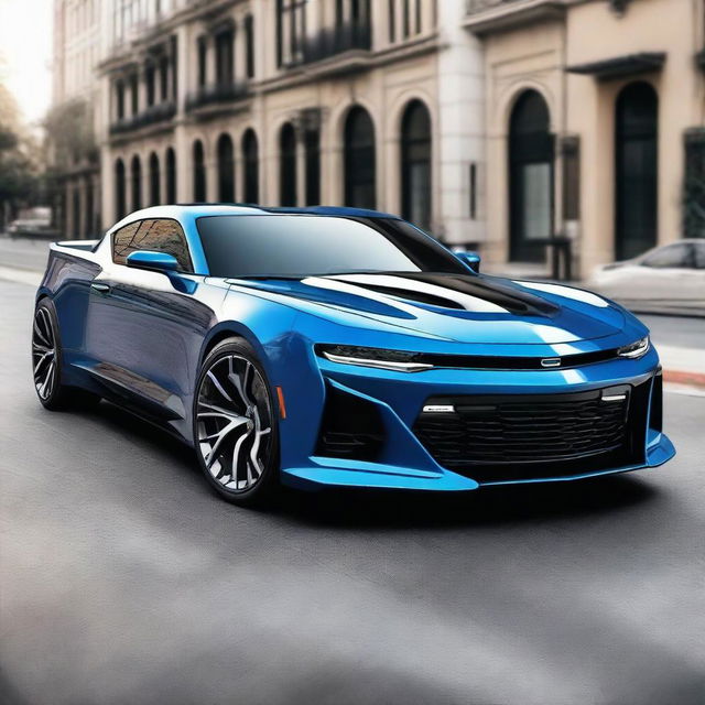 Create an image of a car that is half Bugatti and half Chevrolet Camaro, combining the sleek, futuristic design elements of the Bugatti with the muscular, classic look of the 2023 Chevrolet Camaro