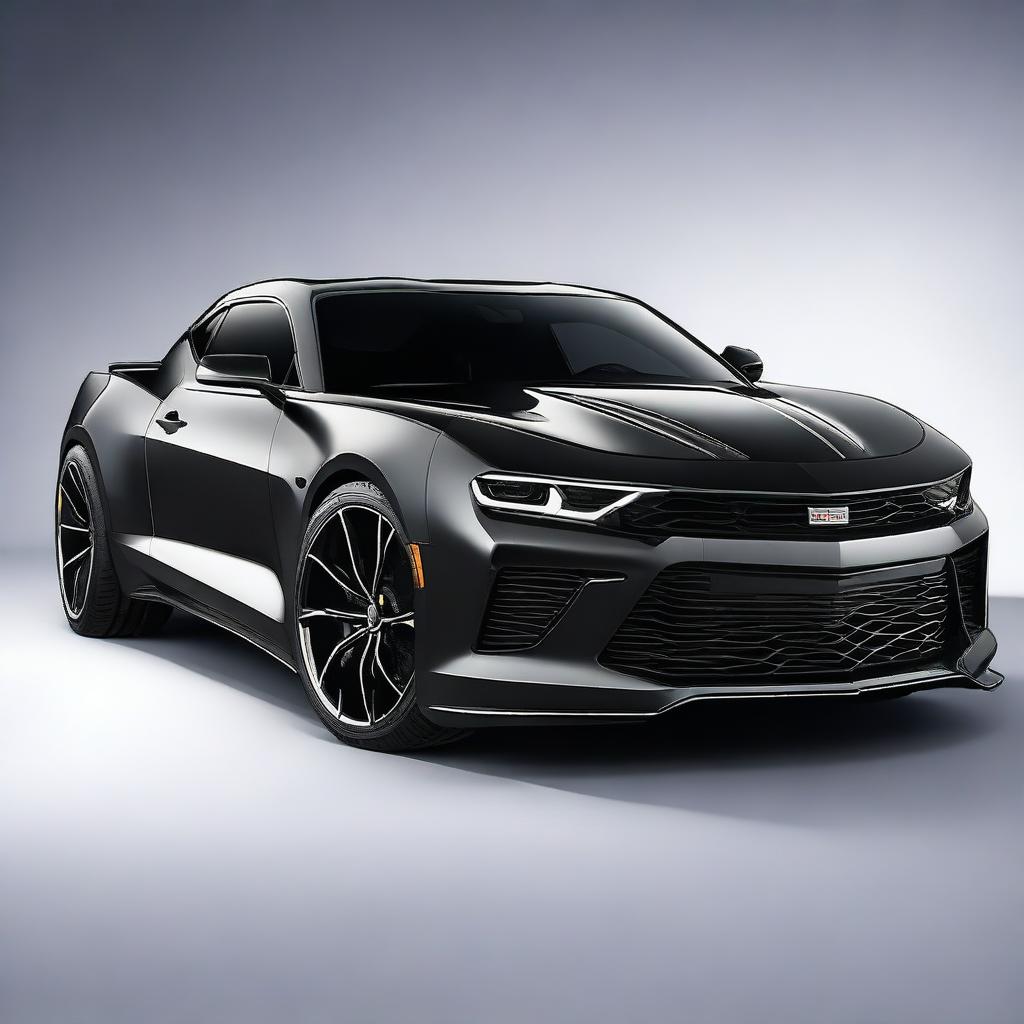 Create an image of a hybrid car that is half Bugatti Chevron 2020 and half Chevrolet Camaro