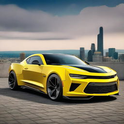 Create an image of a hybrid car that is half Bugatti Chevron 2020 and half Chevrolet Camaro