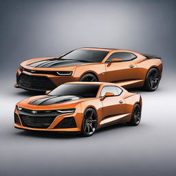 Create an image of a hybrid car that is half Bugatti Chevron 2020 and half Chevrolet Camaro