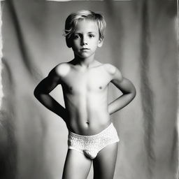 A young boy wearing underwear, standing confidently in a playful pose