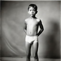 A young boy wearing underwear, standing confidently in a playful pose