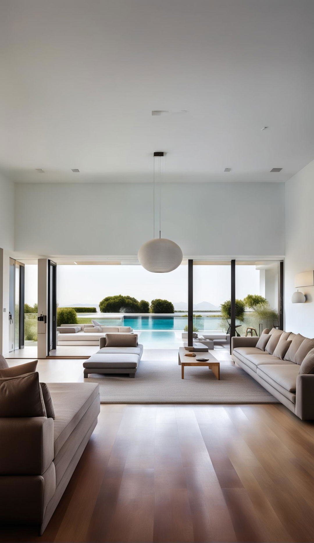 A living room with oak parquet flooring, white walls, beige sofas with grey cushions, and a suspended luminaire, overlooking a serene swimming pool.