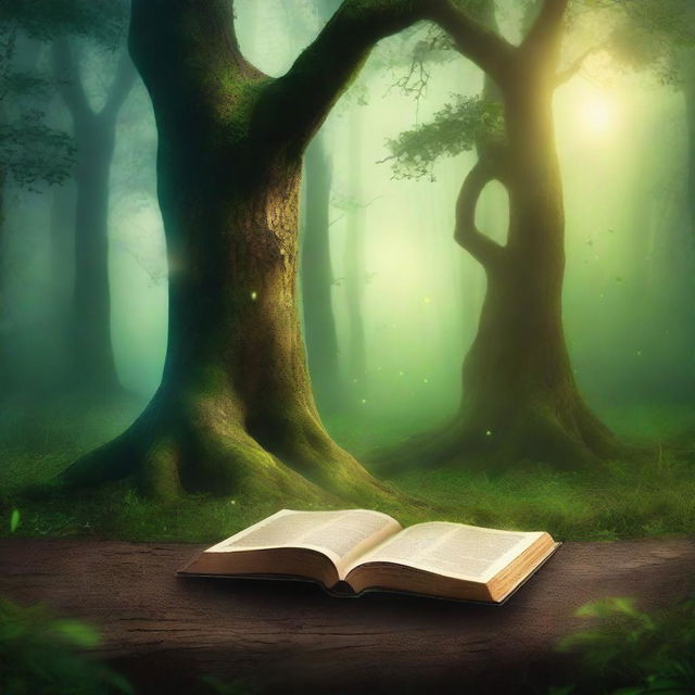 Create a captivating book cover featuring an enchanting forest with a mystical aura